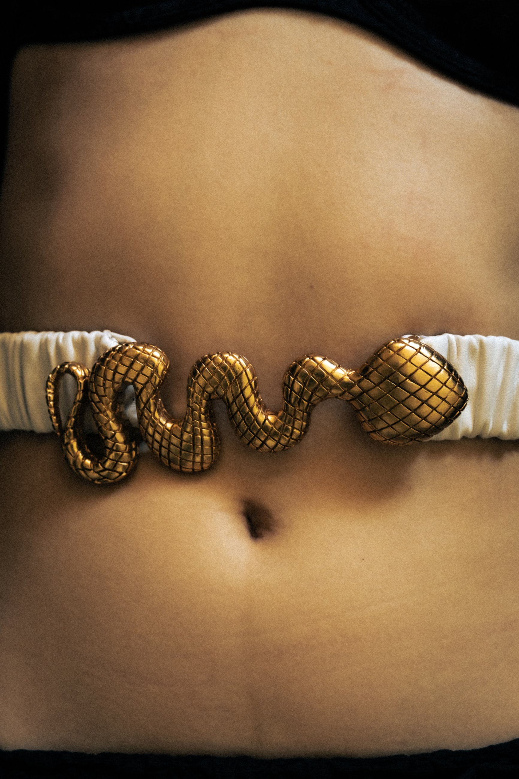 Gold serpent belt on a white band, close