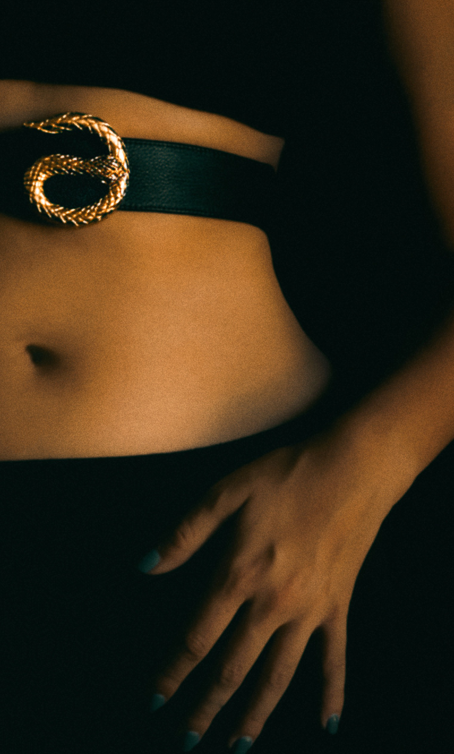 Gold serpent buckle on black leather, low light